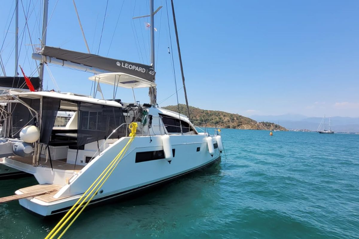 Exterior view of Panda Joy, a Leopard 40 catamaran at Fethiye, Turkey