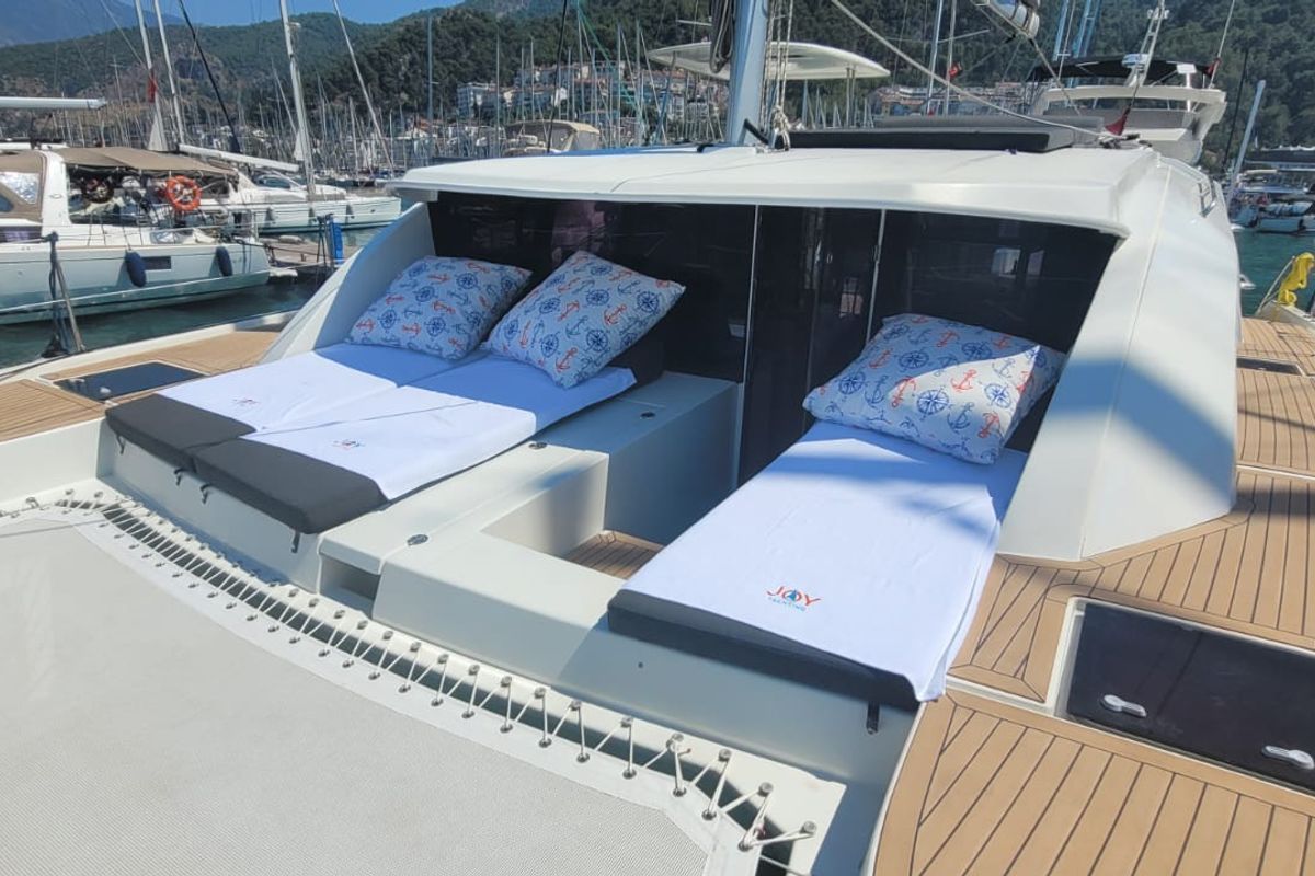 Deck of Panda Joy, a Leopard 40 catamaran at Fethiye, Turkey