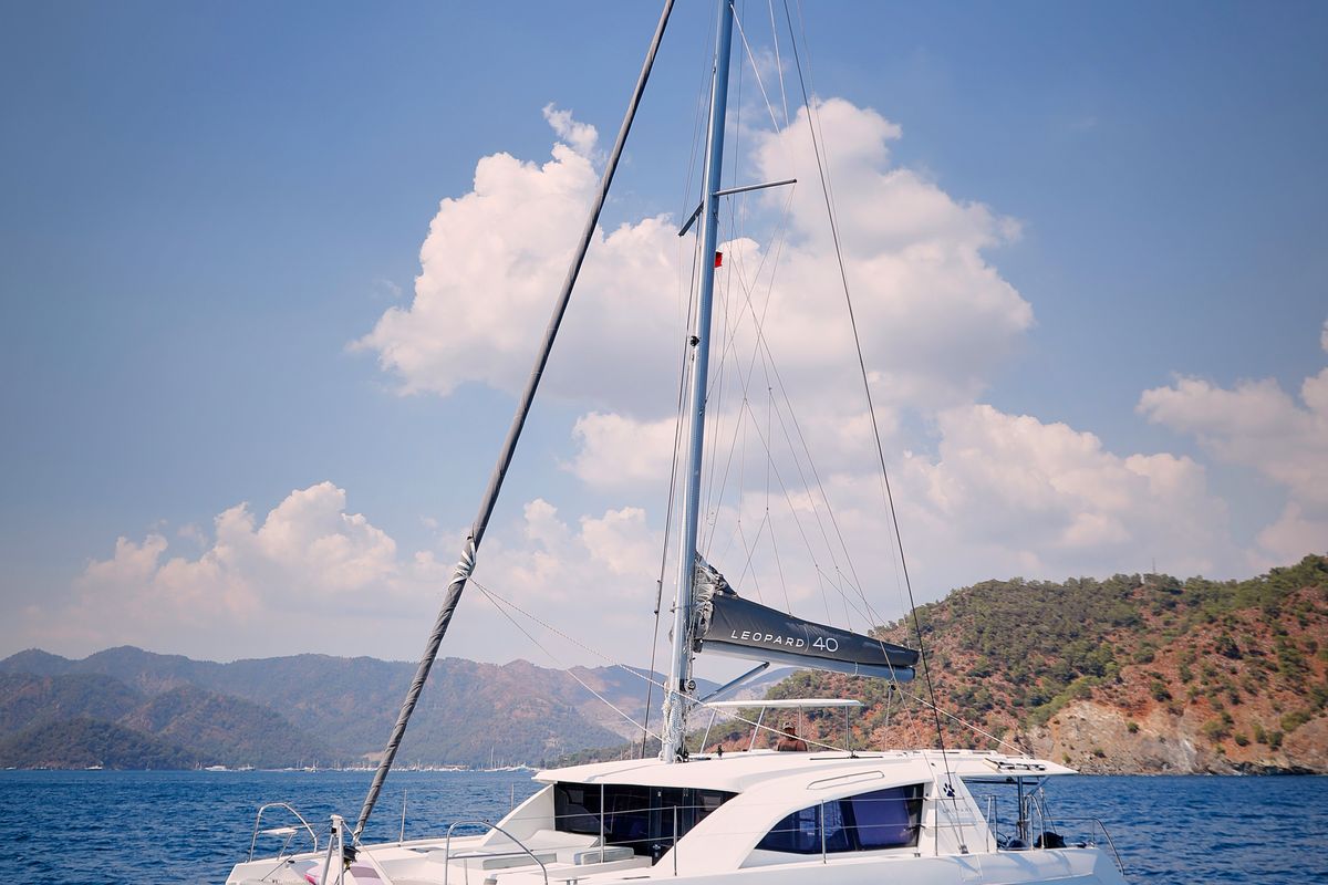 Exterior view of Panda Joy, a Leopard 40 catamaran at Fethiye, Turkey