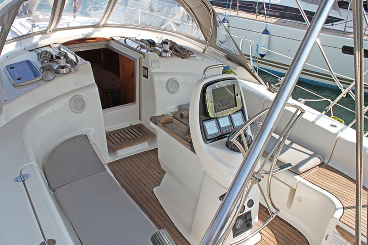 Cockpit of Ira, a Bavaria 39 Cruiser sailboat at Lavreotiki Municipal Unit, Greece