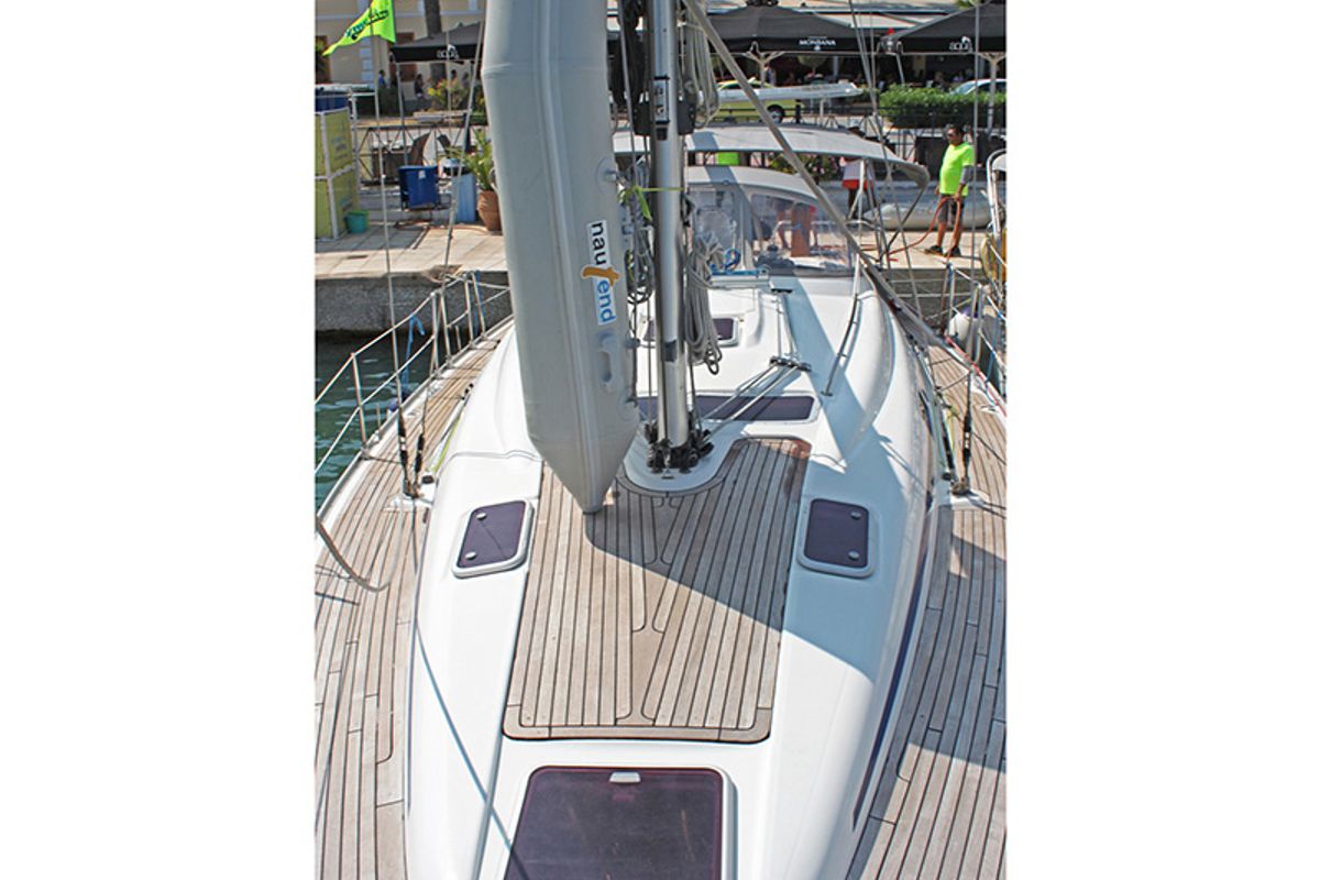 Deck of Ira, a Bavaria 39 Cruiser sailboat at Lavreotiki Municipal Unit, Greece
