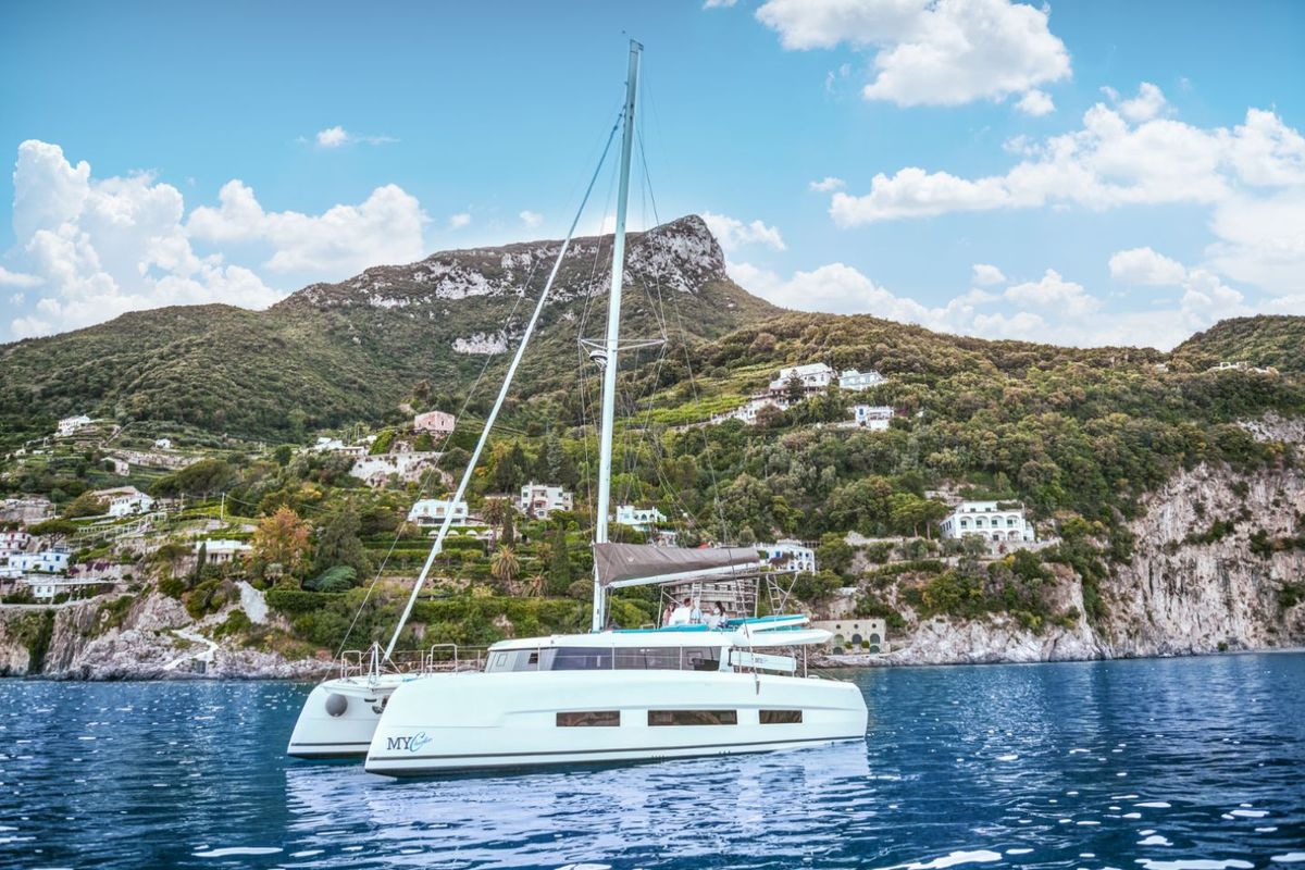 Exterior view of INRADA, a Dufour Catamaran 48 catamaran at Salerno, Italy