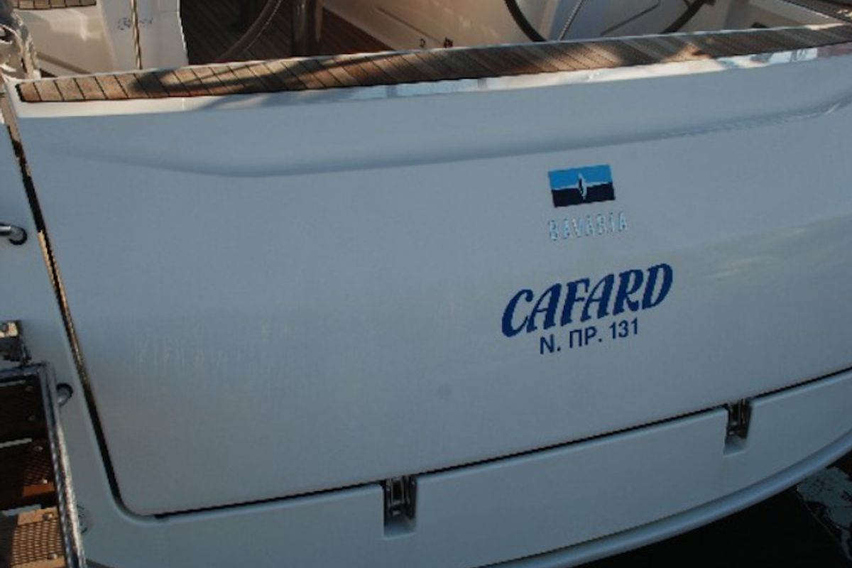 Exterior view of Cafard, a Bavaria Cruiser 41 sailboat at Municipal Unit of Palairos, Greece