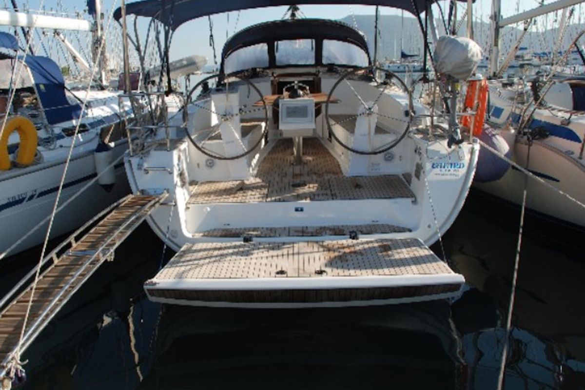 Exterior view of Cafard, a Bavaria Cruiser 41 sailboat at Municipal Unit of Palairos, Greece