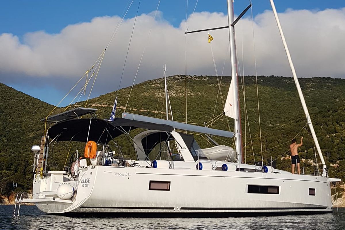 Exterior view of Elise, a Beneteau Oceanis 51.1 sailboat at Marina Delta Kallithea, Greece