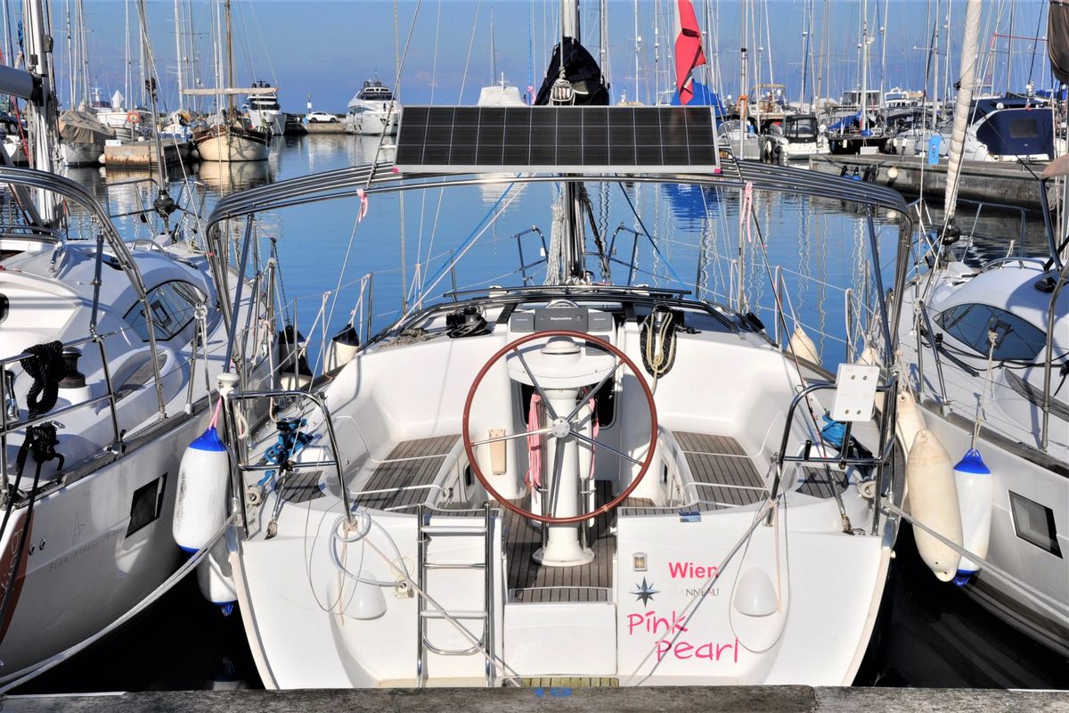 Cockpit of Pink Pearl, a Jeanneau Sun Odyssey 37 sailboat at Izola / Isola, Slovenia