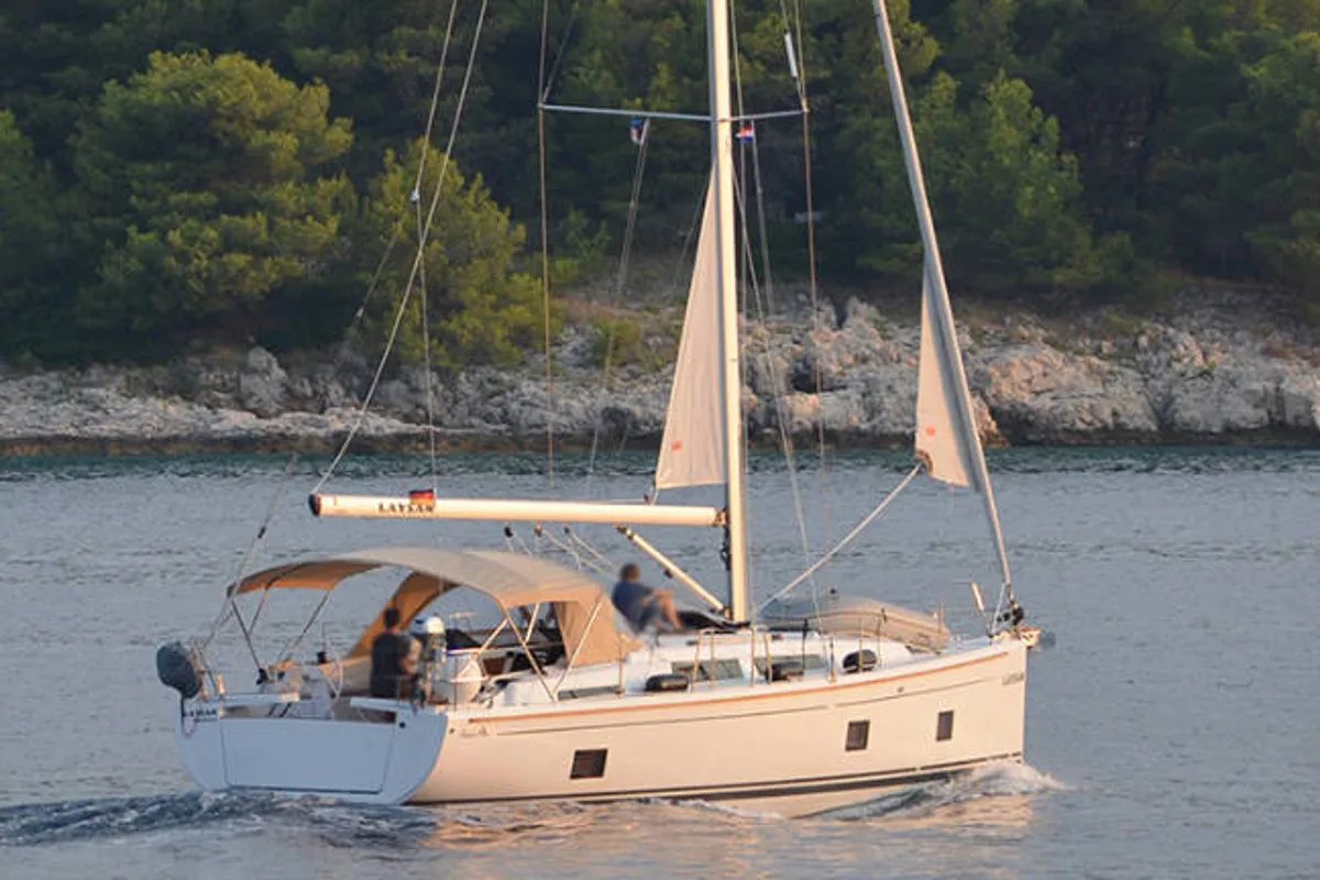Exterior view of Laysan, a Hanse Yachts Hanse 418 sailboat at Općina Rogoznica, Croatia