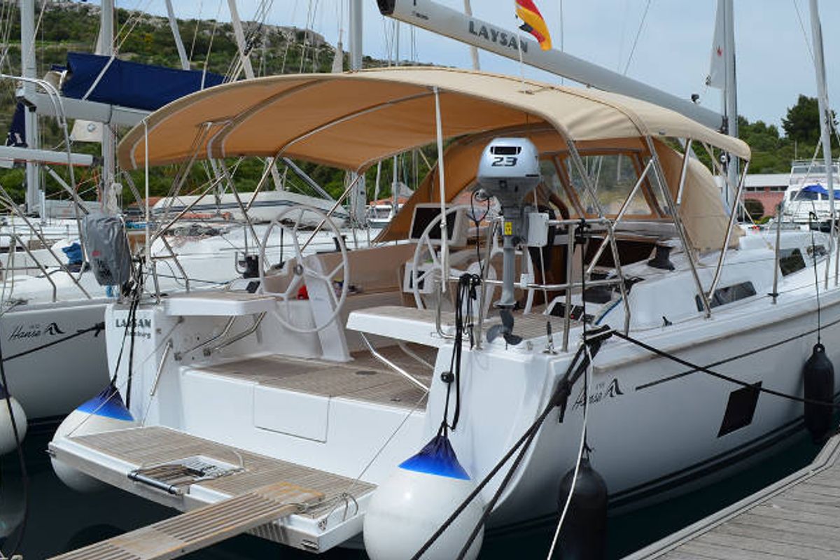 Deck of Laysan, a Hanse Yachts Hanse 418 sailboat at Općina Rogoznica, Croatia