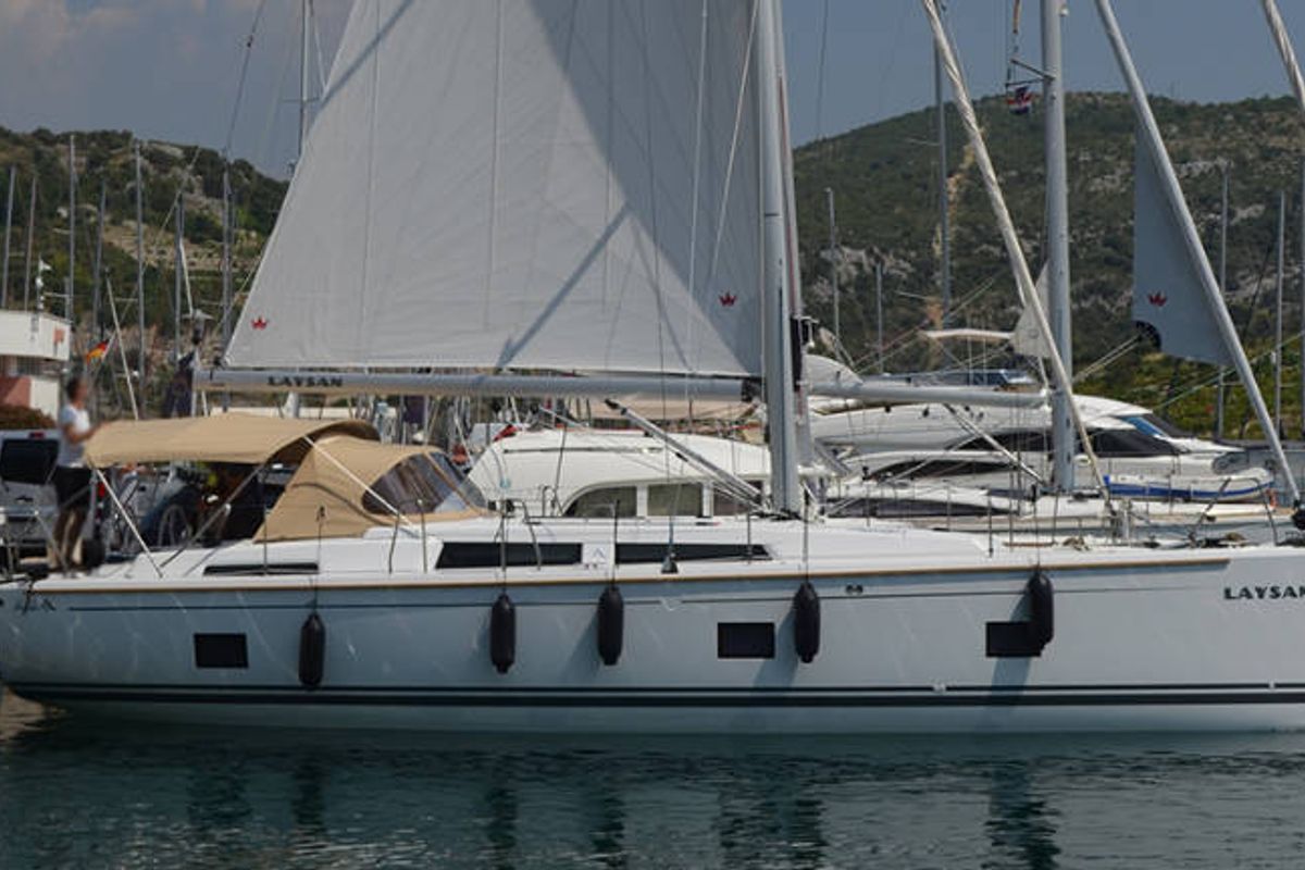 Exterior view of Laysan, a Hanse Yachts Hanse 418 sailboat at Općina Rogoznica, Croatia