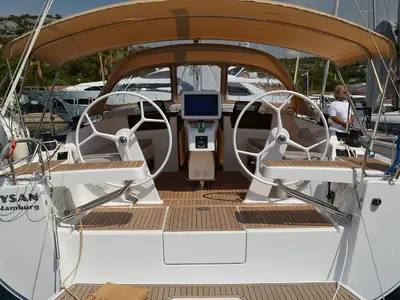 Cockpit of Laysan, a Hanse Yachts Hanse 418 sailboat at Općina Rogoznica, Croatia