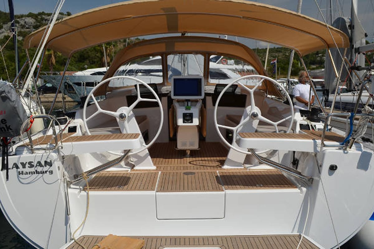 Cockpit of Laysan, a Hanse Yachts Hanse 418 sailboat at Općina Rogoznica, Croatia