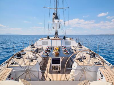 Cockpit of AIZU, a Gulet Sail boat sailboat at Athens, Greece