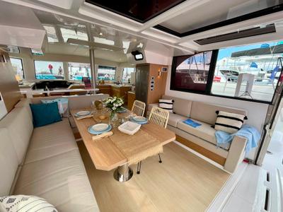 Salon of Hélios II, a Bali Catspace catamaran at Saint-Mandrier-sur-Mer, France
