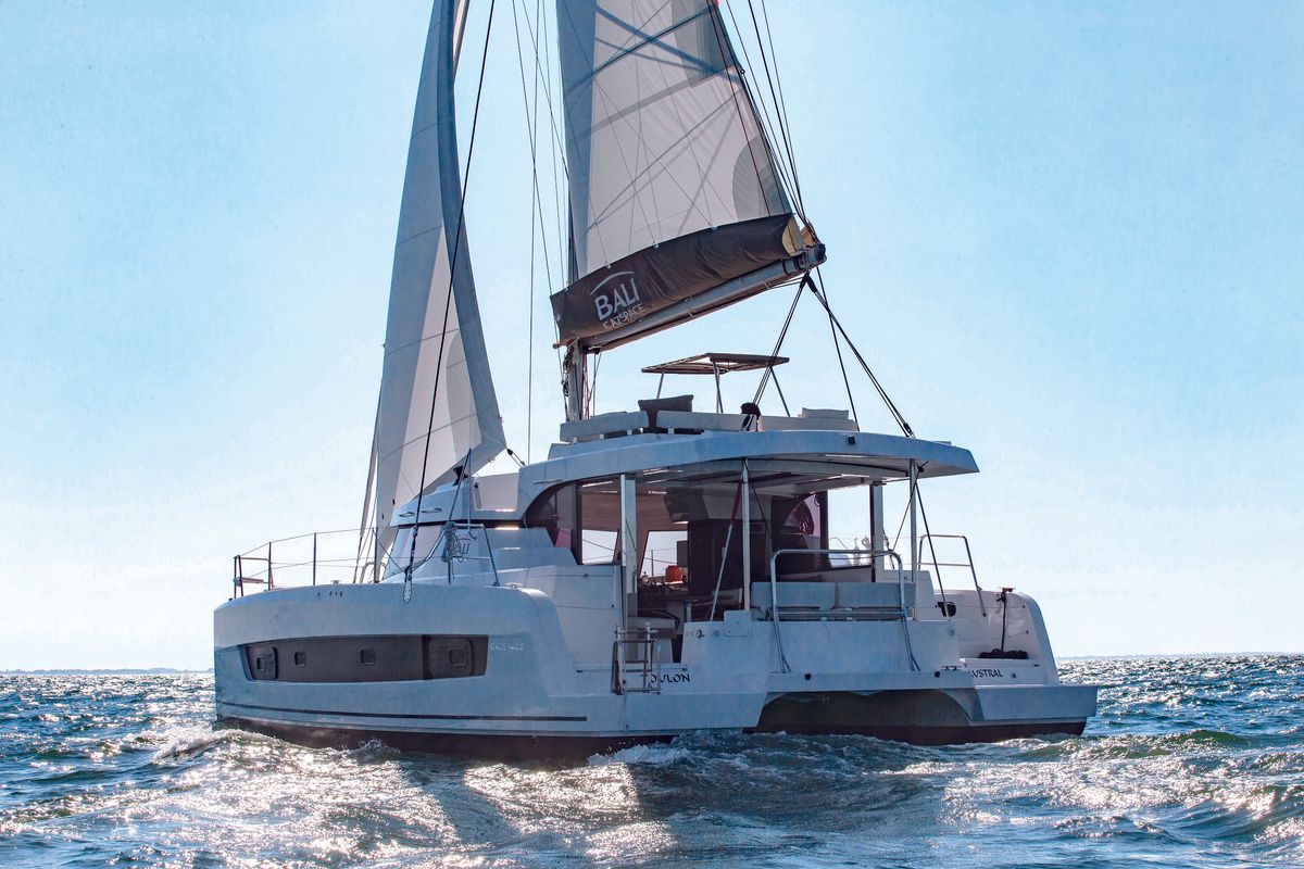 Exterior view of Hélios II, a Bali Catspace catamaran at Saint-Mandrier-sur-Mer, France