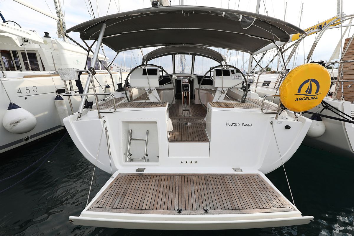 Exterior view of Kulfoldi Panna, a Hanse Yachts Hanse 455 sailboat at Općina Sukošan, Croatia