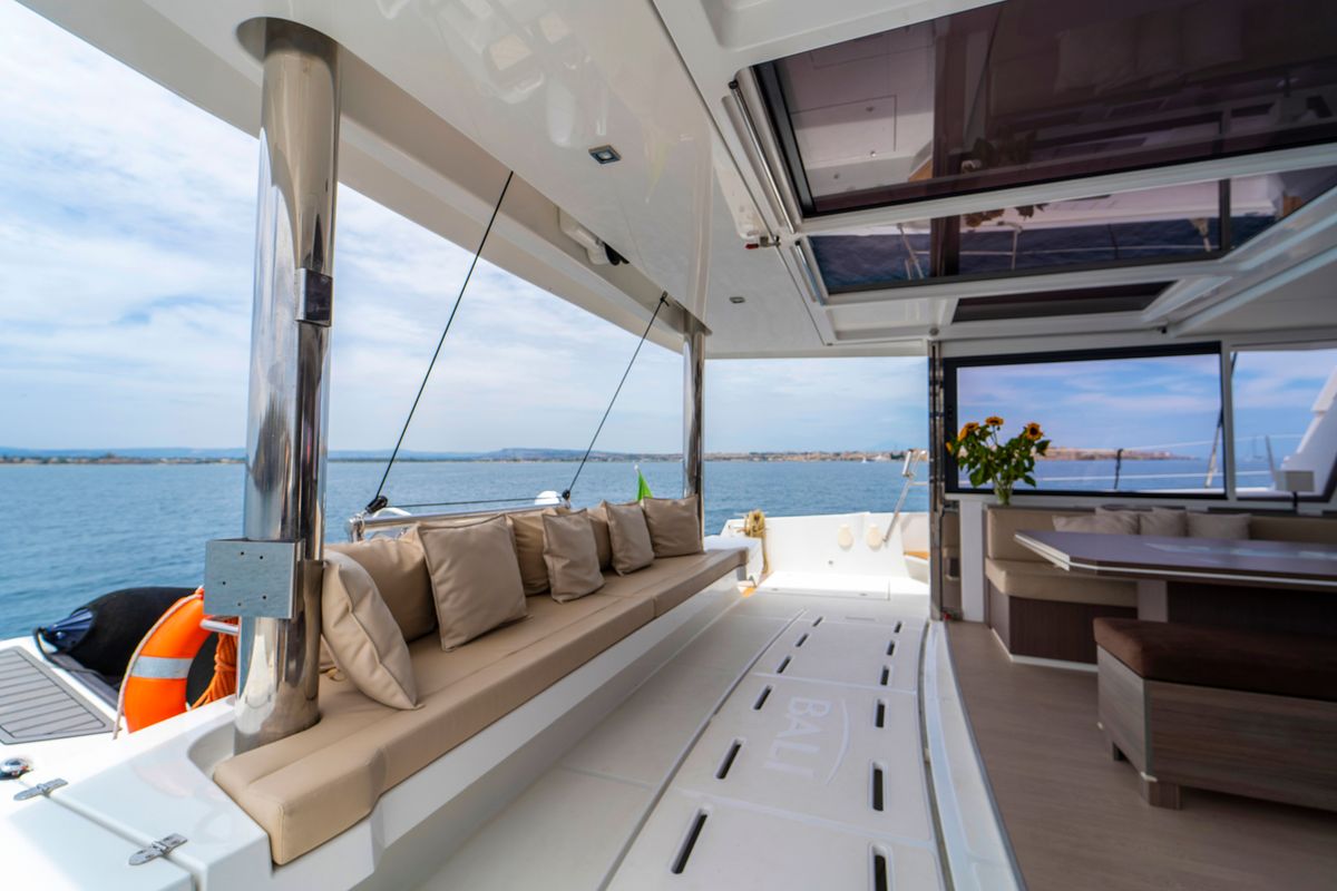 Deck of Elena, a Bali 5.4 catamaran at Salerno, Italy