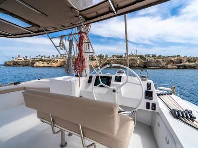 Cockpit of Elena, a Bali 5.4 catamaran at Salerno, Italy
