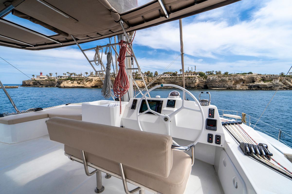 Cockpit of Elena, a Bali 5.4 catamaran at Salerno, Italy