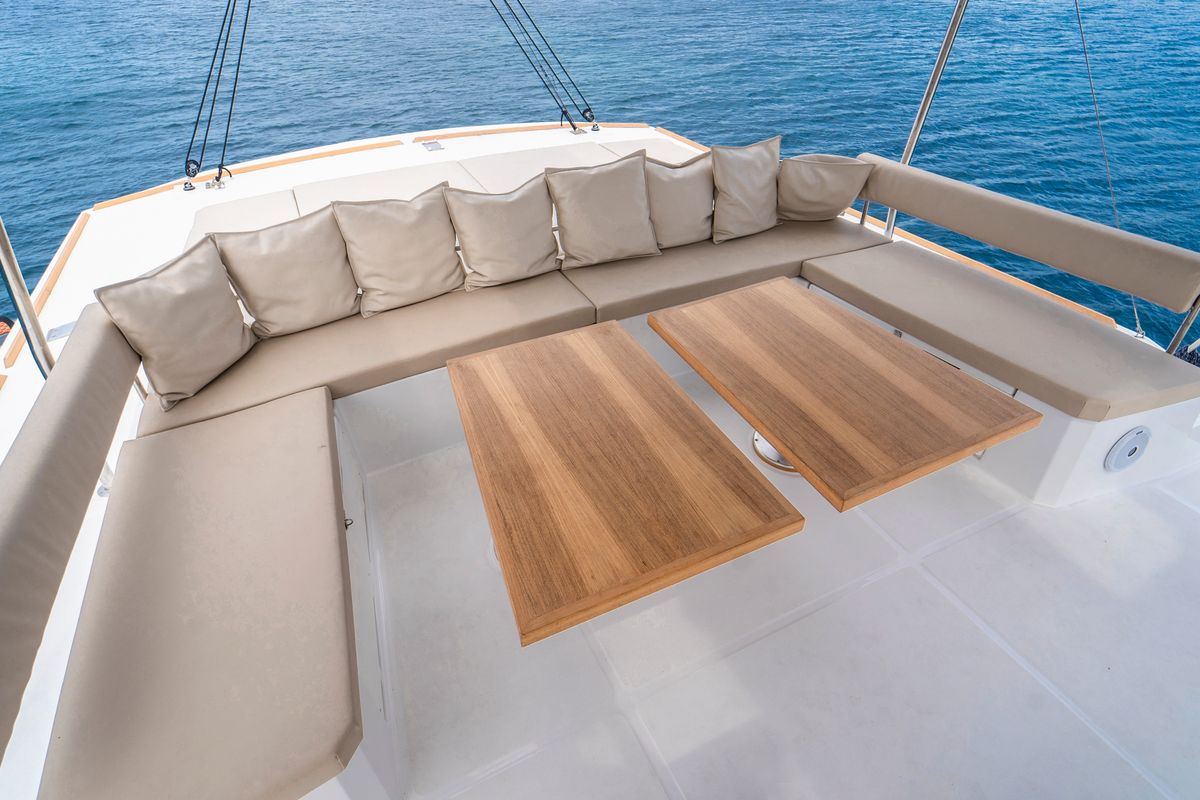 Deck of Elena, a Bali 5.4 catamaran at Salerno, Italy