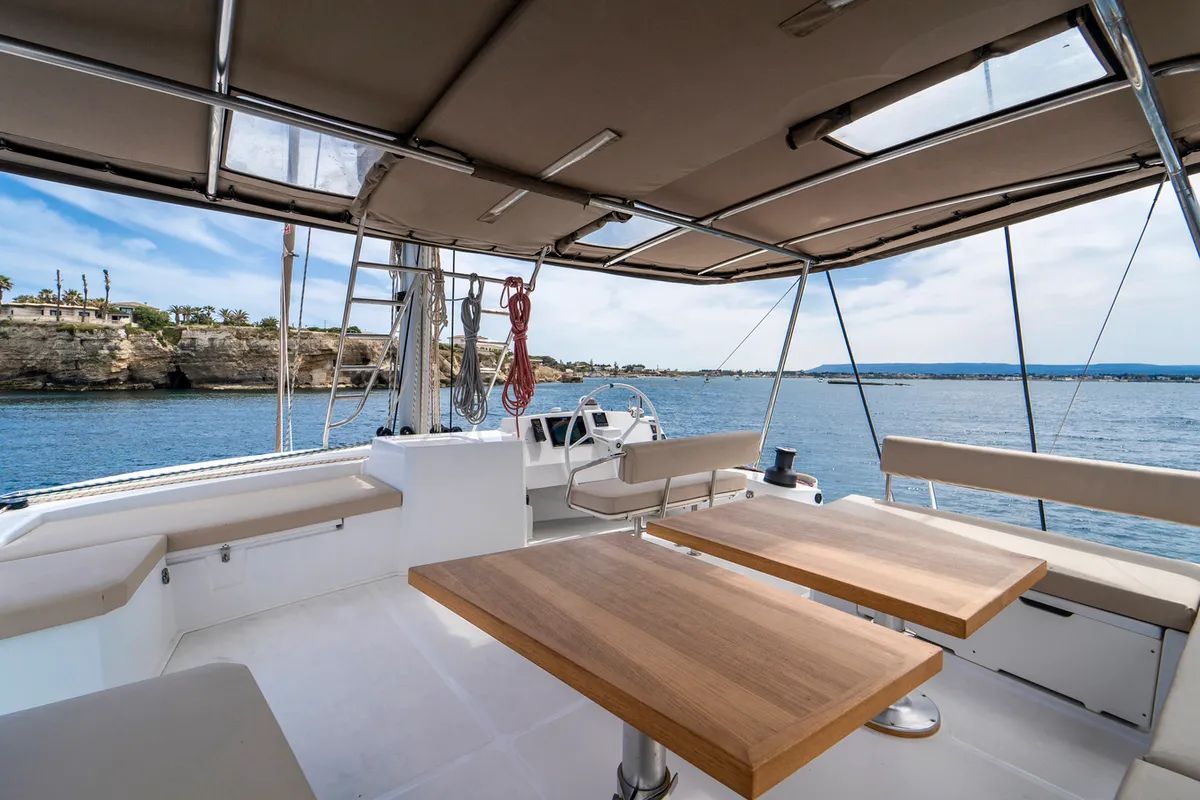 Deck of Elena, a Bali 5.4 catamaran at Salerno, Italy