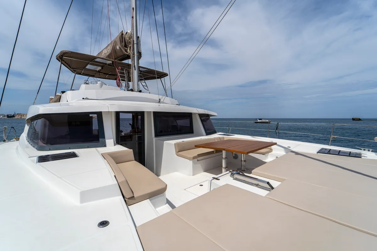 Deck of Elena, a Bali 5.4 catamaran at Salerno, Italy