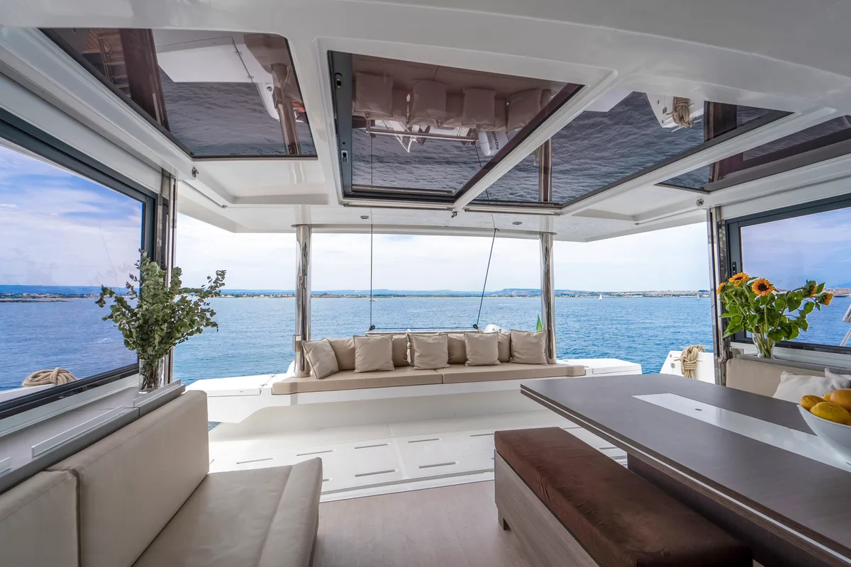 Deck of Elena, a Bali 5.4 catamaran at Salerno, Italy