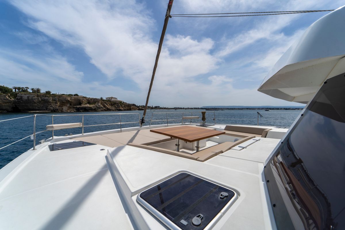 Deck of Elena, a Bali 5.4 catamaran at Salerno, Italy