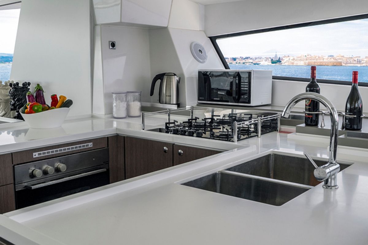 Galley of Elena, a Bali 5.4 catamaran at Salerno, Italy