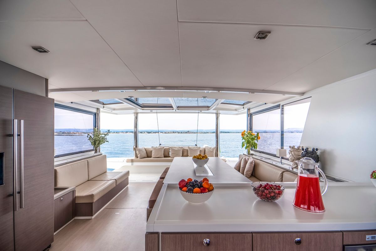 Salon of Elena, a Bali 5.4 catamaran at Salerno, Italy