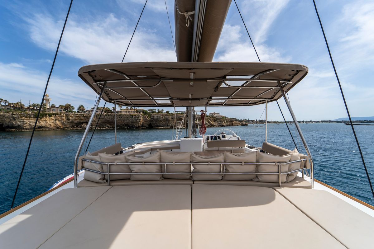 Deck of Elena, a Bali 5.4 catamaran at Salerno, Italy