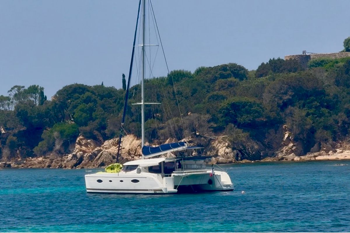 Exterior view of Shamane, a Fountaine Pajot Salina 48 catamaran at Porto-Vecchio, France