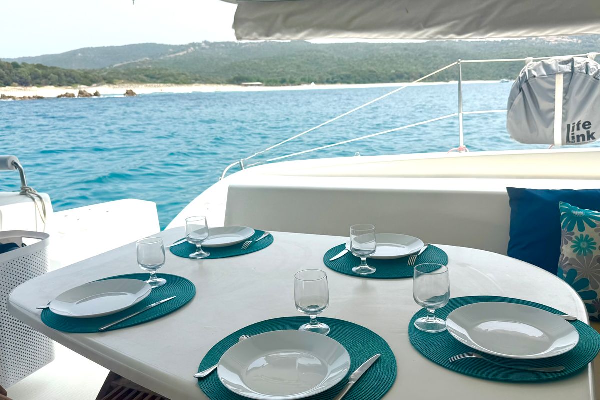 Deck of Shamane, a Fountaine Pajot Salina 48 catamaran at Porto-Vecchio, France