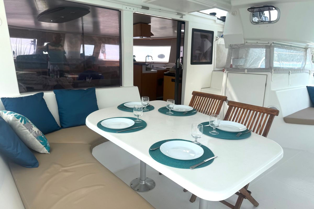 Deck of Shamane, a Fountaine Pajot Salina 48 catamaran at Porto-Vecchio, France
