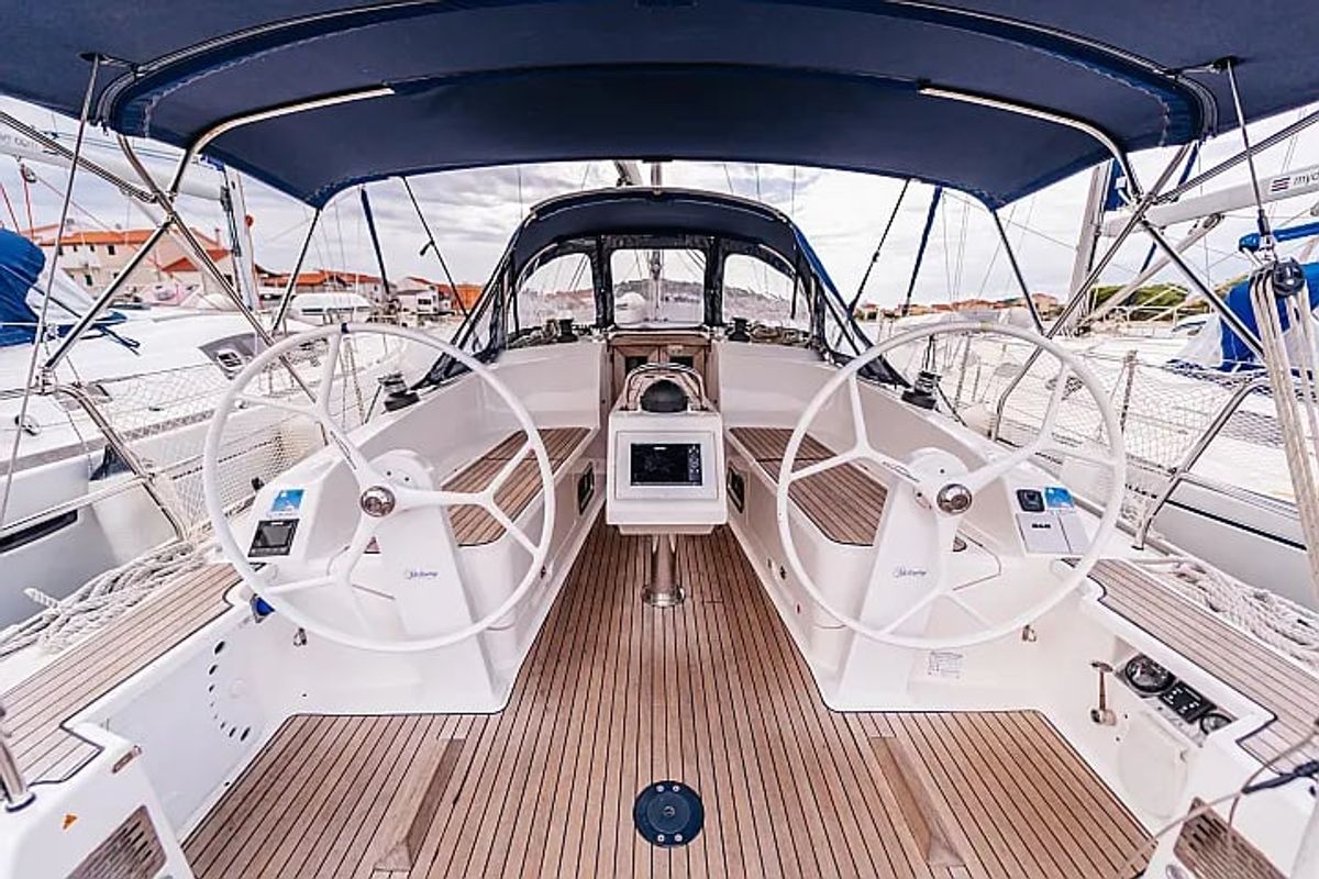 Cockpit of Flinx, a Bavaria Cruiser 37 sailboat at Betina, Croatia