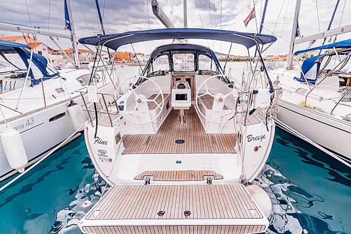 Exterior view of Flinx, a Bavaria Cruiser 37 sailboat at Betina, Croatia