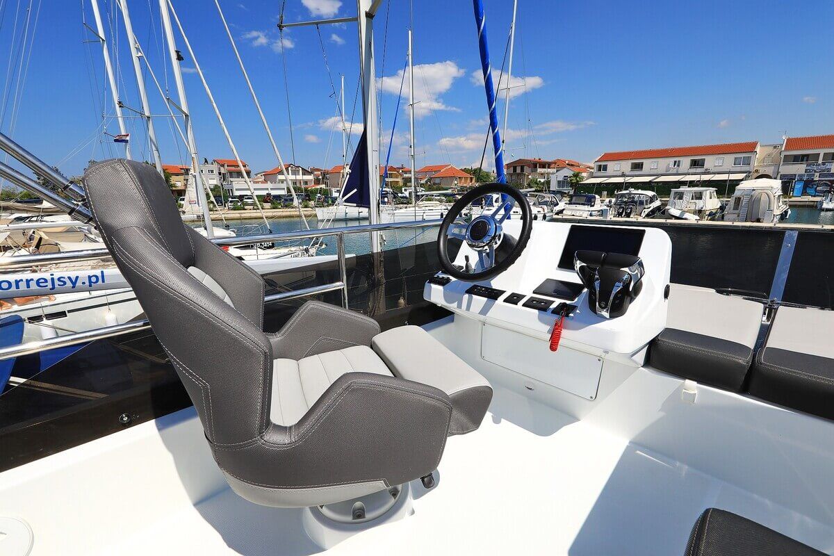 Cockpit of Tana, a Jeanneau Merry Fisher 1095 Fly motorboat at Pirovac, Croatia