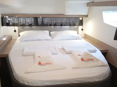 Cabin on Gazi, a Fountaine Pajot Isla 40 catamaran at Marmaris, Turkey