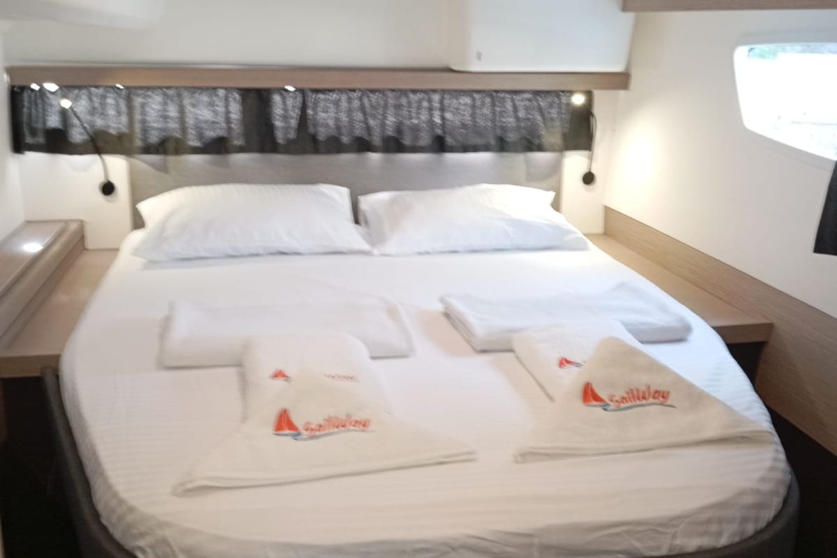 Cabin on Gazi, a Fountaine Pajot Isla 40 catamaran at Marmaris, Turkey