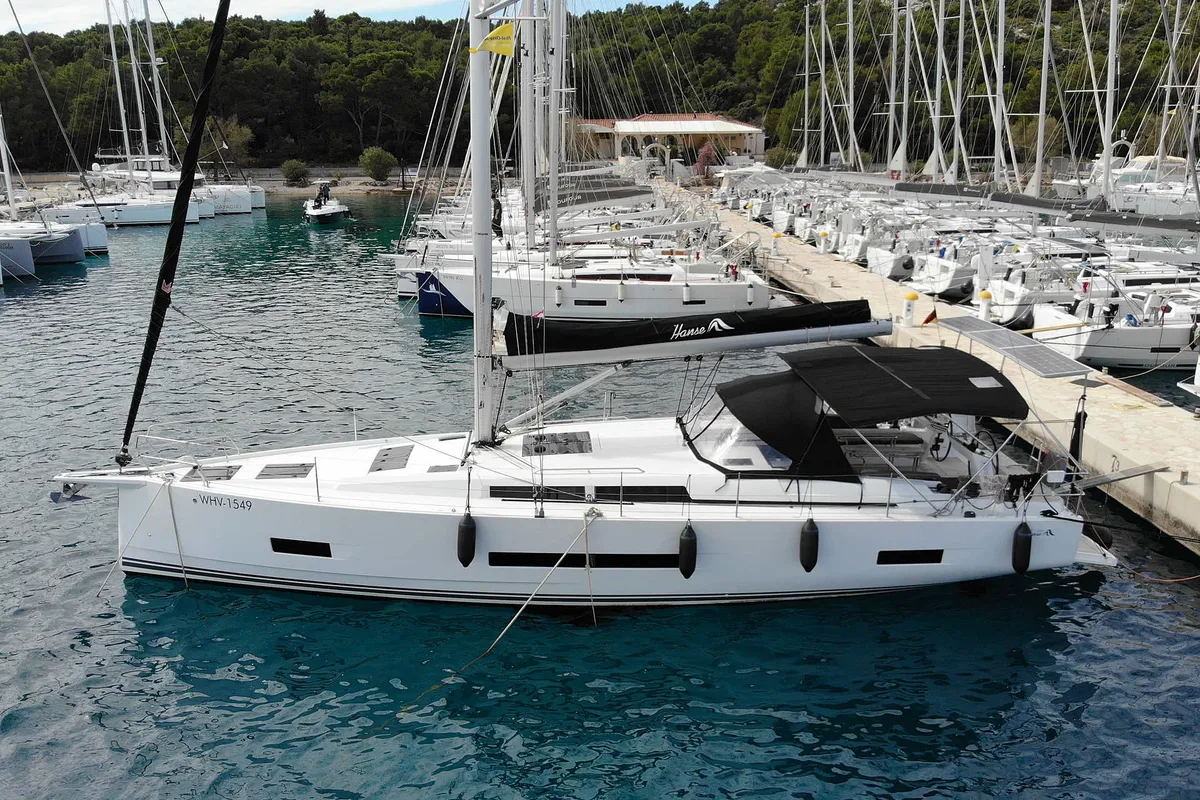 Exterior view of Wilson, a Hanse Yachts Hanse 460 sailboat at Punat, Croatia