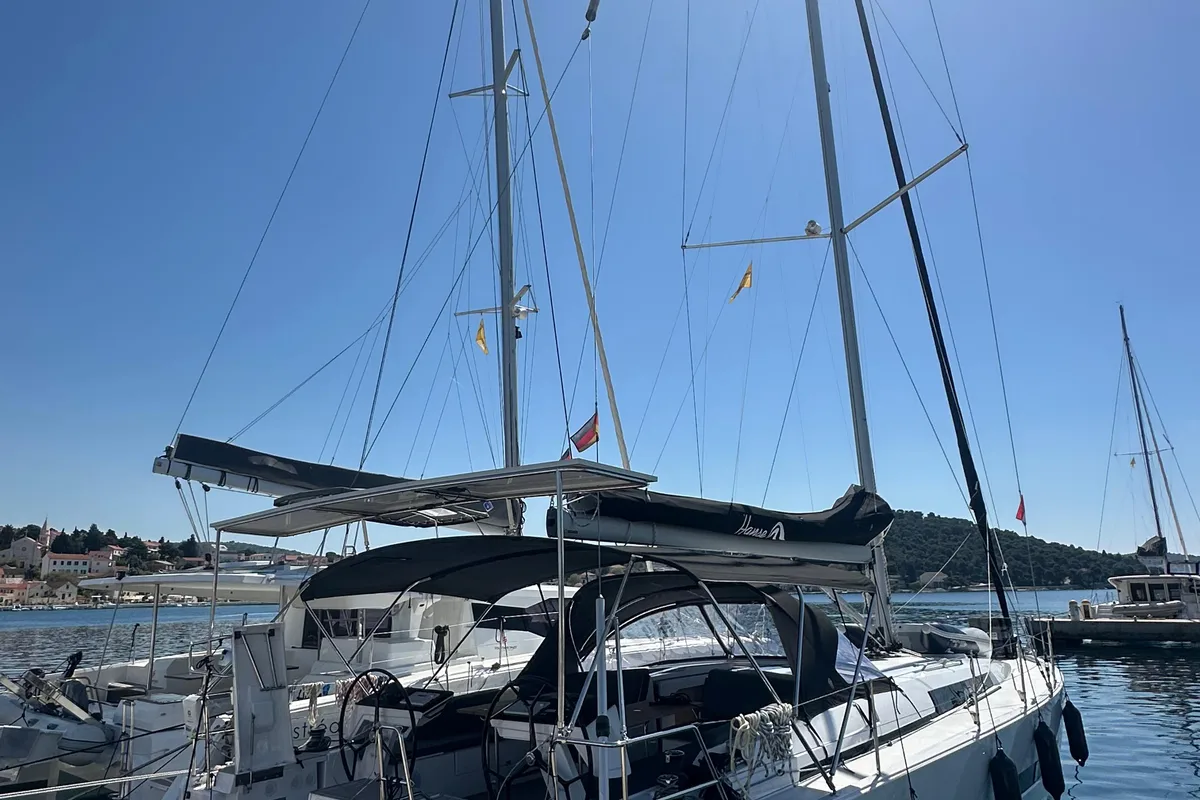 Exterior view of Wilson, a Hanse Yachts Hanse 460 sailboat at Punat, Croatia