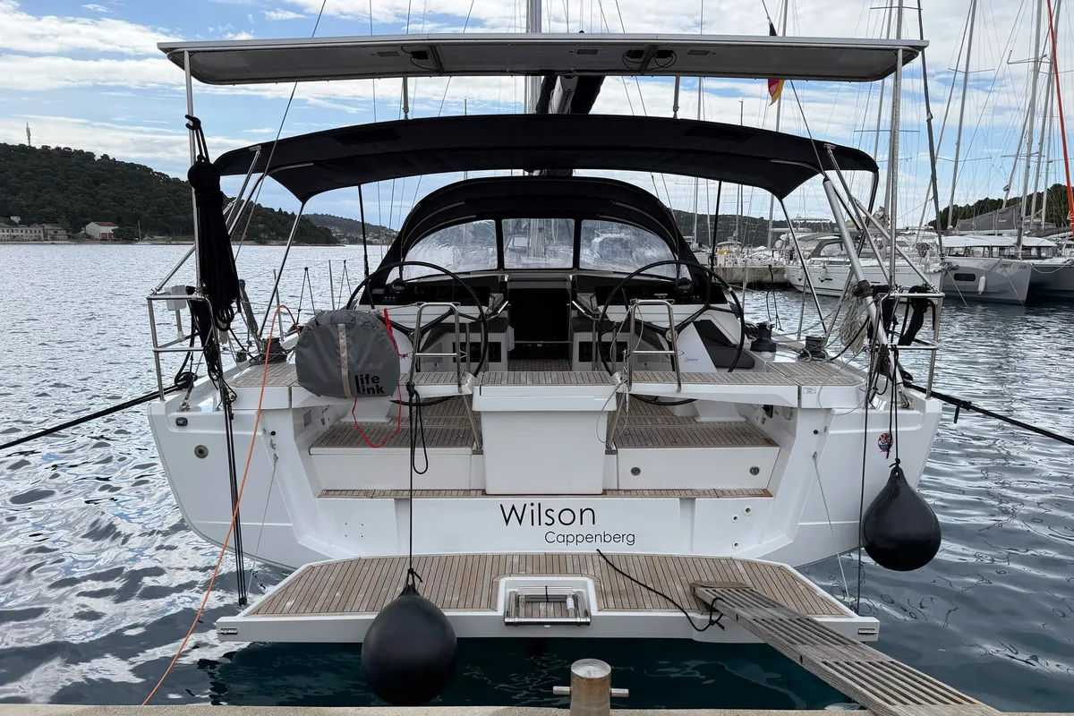 Exterior view of Wilson, a Hanse Yachts Hanse 460 sailboat at Punat, Croatia