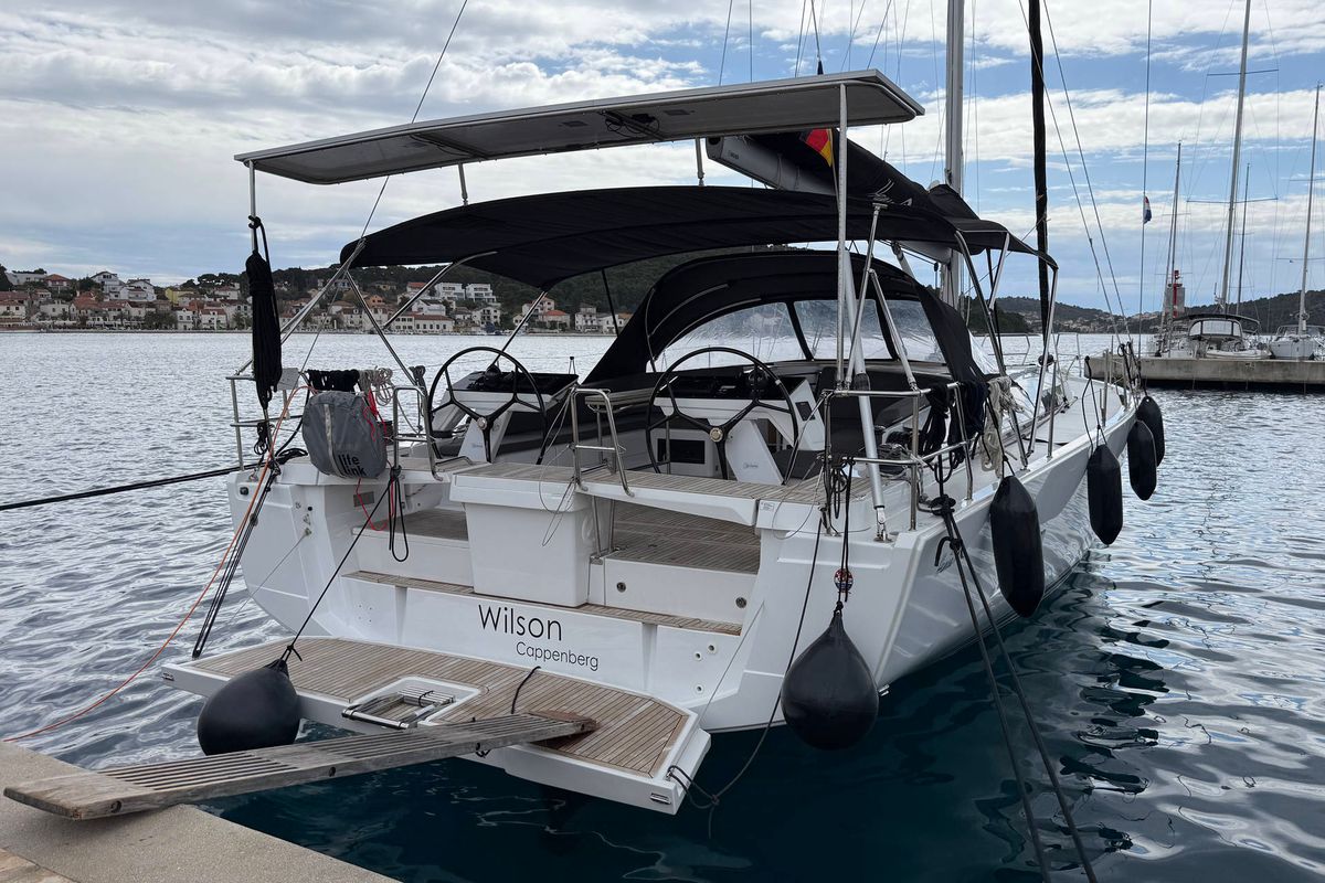 Exterior view of Wilson, a Hanse Yachts Hanse 460 sailboat at Punat, Croatia