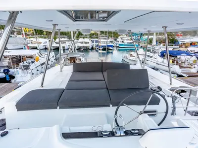 Cockpit of Clearlake III, a Lagoon 46 OW catamaran at Road Town, British Virgin Islands