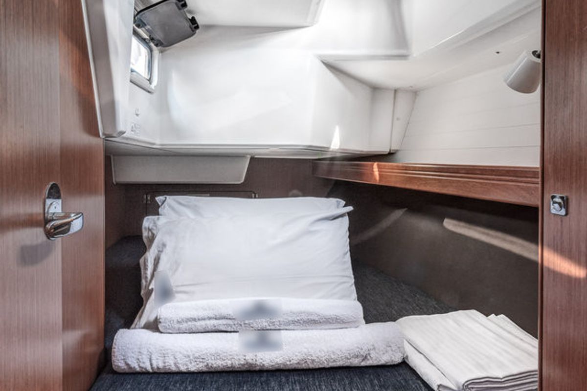 Cabin on Poseidon, a Bavaria Cruiser 37 sailboat at Kontokali, Greece
