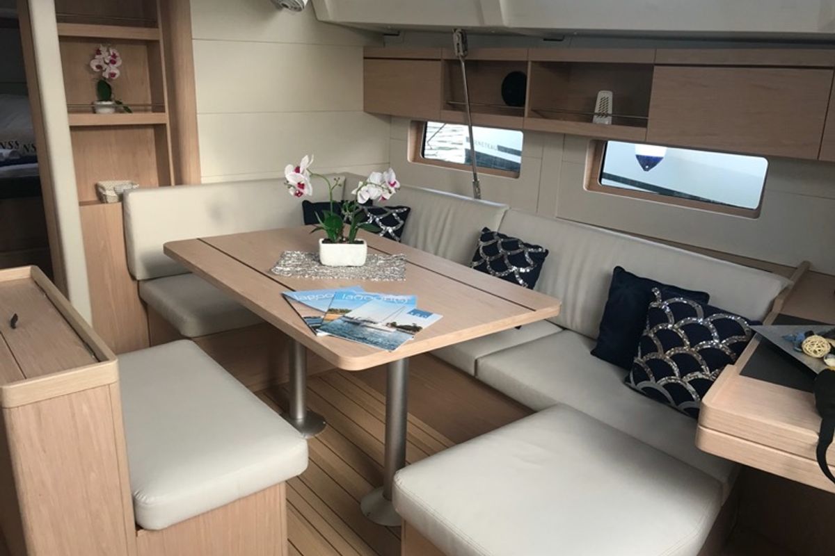 Salon of Meridiana, a Beneteau Oceanis 46.1 sailboat at Olbia, Italy