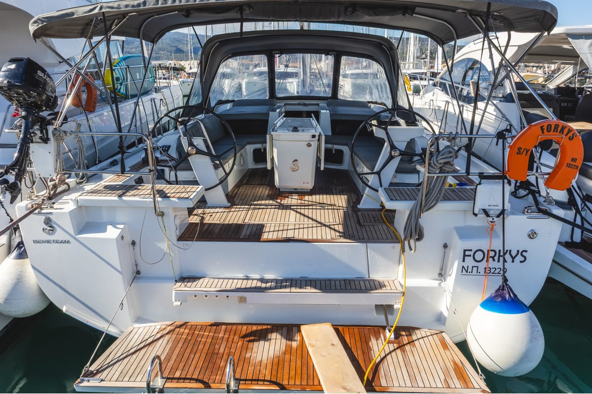 Cockpit of Forkys, a Beneteau Oceanis 51.1 sailboat at Municipal Unit of Lefkada, Greece