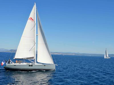 Cockpit of Team B, a Hanse Yachts Hanse 505 sailboat at Cogolin, France
