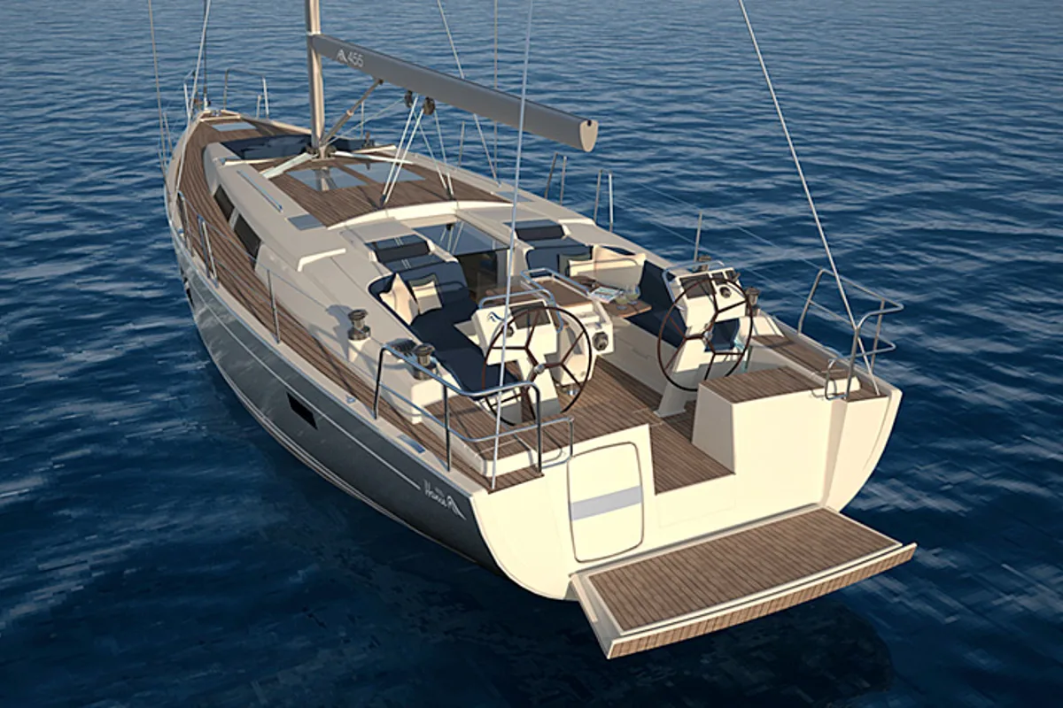 Exterior view of Sugar, a Hanse Yachts Hanse 455 sailboat at Athens, Greece