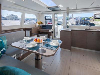 Salon of Moorings 4200/4 Exclusive, a Leopard 42 catamaran at Procida, Italy