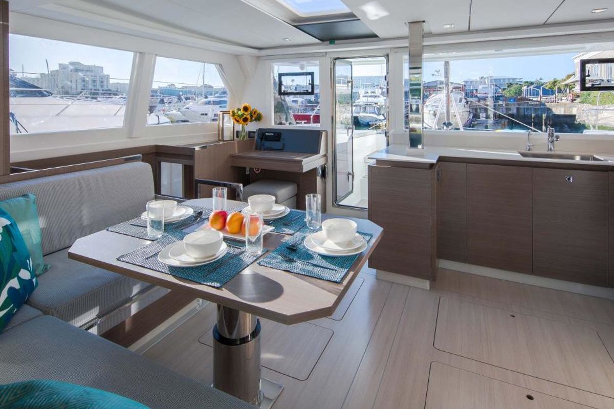 Salon of Moorings 4200/4 Exclusive, a Leopard 42 catamaran at Procida, Italy